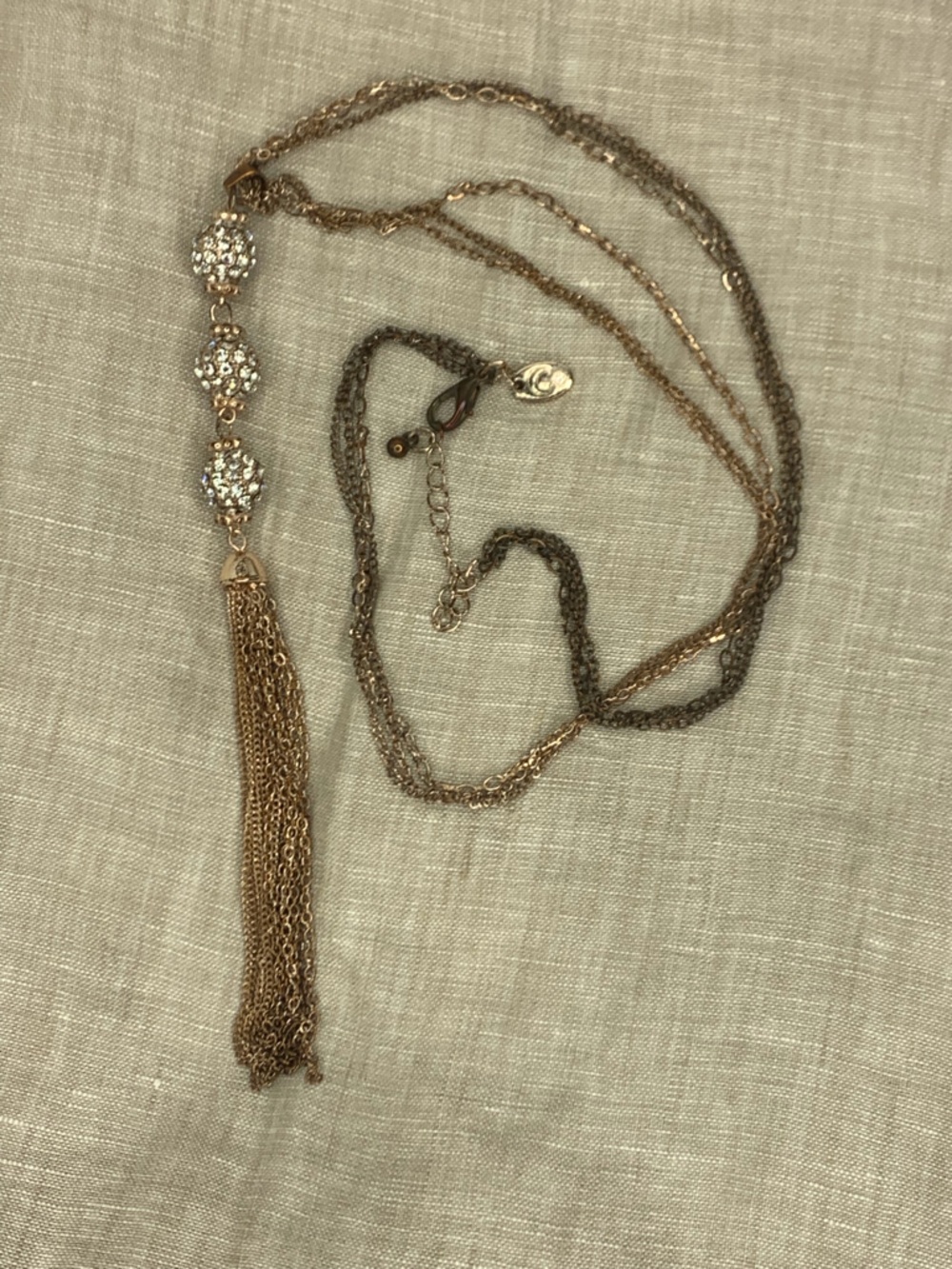 Vintage 3-strand Rose Gold-Tone Necklace Crystal Rhinestones Tassel